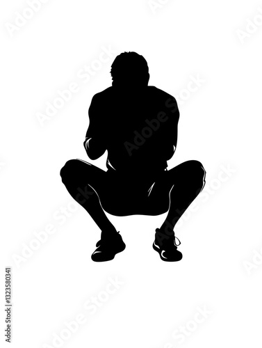 Silhouette of Man Crouching in Pensive Pose Vector Illustration