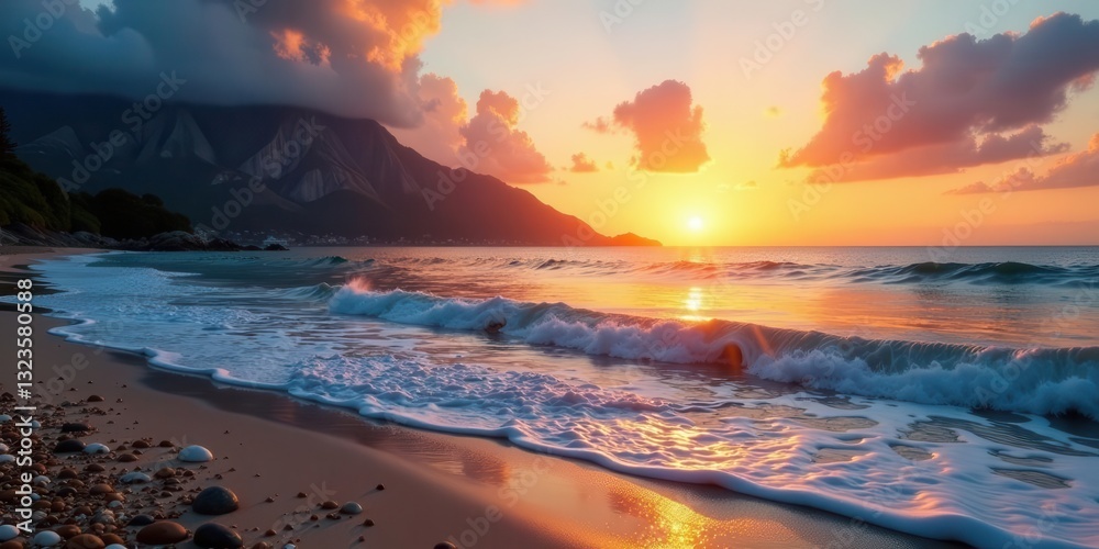 Serene Coastal Sunset Waves Gently Kissing the Sandy Shore Under a Vibrant Sky Serene Coastal Sunset Waves Gently Kissing the Sandy Shore Under a Vibrant Sky