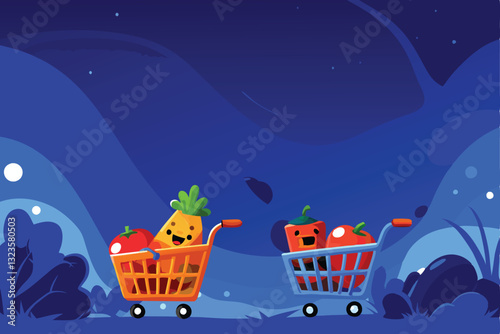 Create a playful, cartoon-style illustration of a supermarket scene featuring anthropomorphic grocery items engaging in fun activities.
