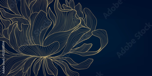 Vector art deco gold on blue floral pattern. Nouveau fancy leaves luxury texture, exotic jungle illustration, elegant japanese wavy wallpaper.