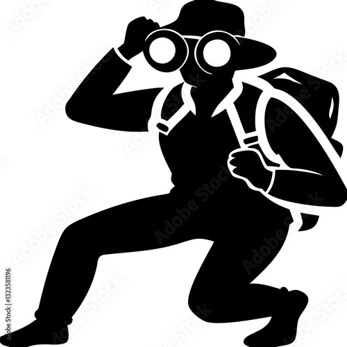 Silhouette Adventurer with Binoculars Exploring Wilderness Vector Art