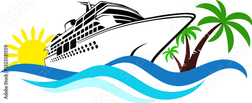 Cruise ship on blue waves, yellow sun and green palm trees