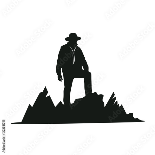 Adventurous Hiker Silhouette on Mountain Peak Vector Illustration