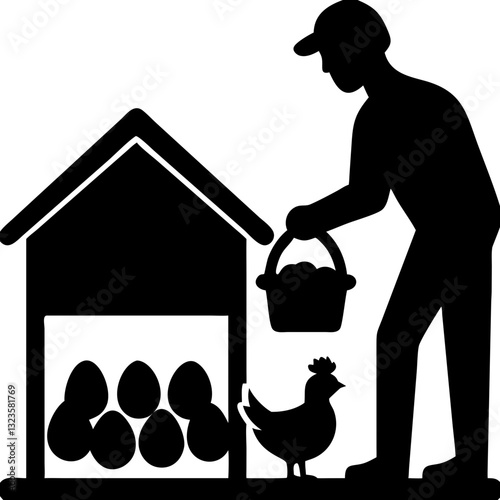 Farmer Collecting Eggs from Chicken Coop Silhouette for Agricultural Design