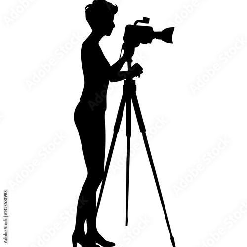 Silhouette of grapher Woman with Camera on Tripod Vector Illustration