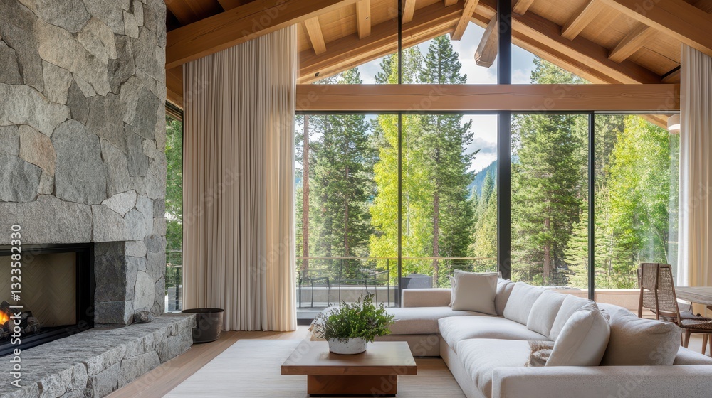 Cozy Haven with Fireplace and Forest View: An inviting living room boasts a stone fireplace, comfortable seating, and a stunning panorama of lush greenery through expansive windows. Cozy Haven with Fireplace and Forest View: An inviting living room boasts a stone fireplace, comfortable seating, and a stunning panorama of lush greenery through expansive windows.