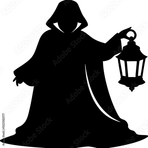 Mysterious Hooded Figure Holding Lantern Silhouette Illustration