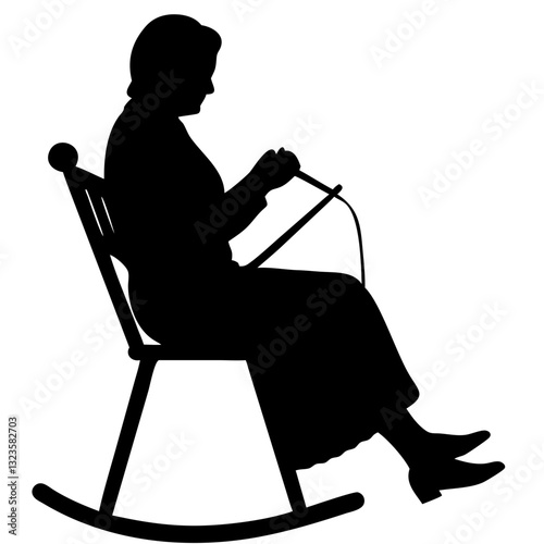 Silhouette of Woman Knitting in Rocking Chair for Craft and Relaxation Themes