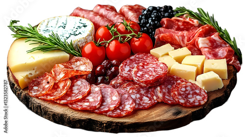 Overhead Shot of a Rustic Wooden Charcuterie Board with Various Cheeses, Salami, and Tomatoes