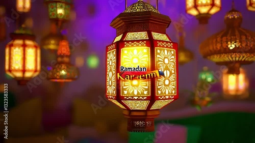  several decorative lanterns lit against a blurred purple background