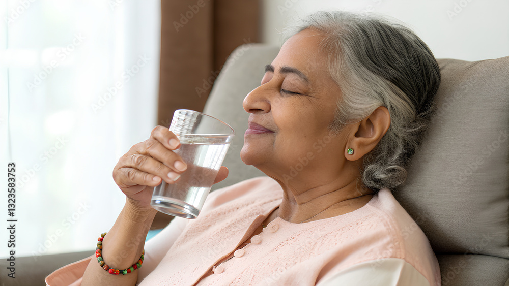 Elderly Indian woman enjoying a refreshing glass of water Elderly Indian woman enjoying a refreshing glass of water