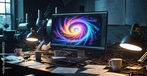 A dimly lit, cluttered desk of a video editing artist, surrounded by scattered papers, empty coffee cups, and tangled cords, with a large, high-resolution monitor displaying a mesmerizing
