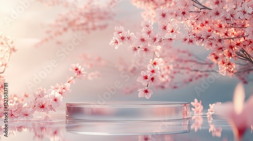 A clear glass platform reflects underneath beautiful cherry blossom branches