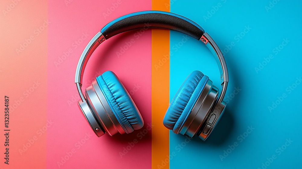 Vibrant Blue Headphones on a Colorful Background with Contrasting Pink and Orange Stripes Vibrant Blue Headphones on a Colorful Background with Contrasting Pink and Orange Stripes