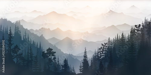 Sunrise in the mountains, wild forested gorge, misty silhouettes of ridges, vector illustration