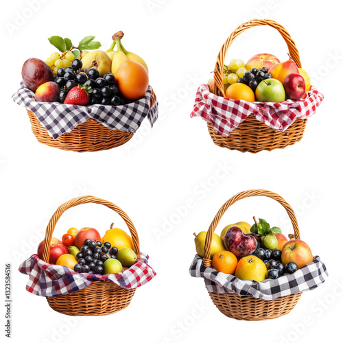 Checkered fruit basket and assorted fruits on white background