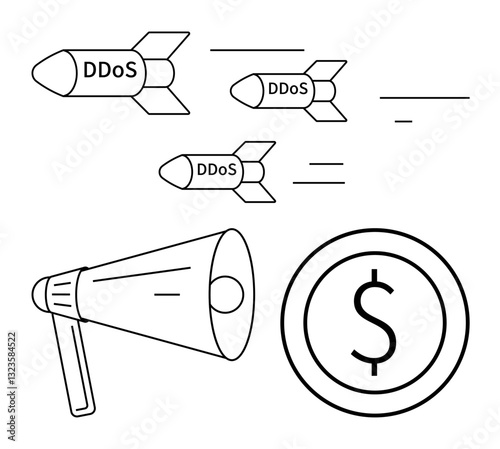 Missiles labeled DDoS moving towards a dollar sign symbol with a megaphone. Ideal for cybersecurity, online threats, digital finance, risk management, awareness campaigns, system protection, flat
