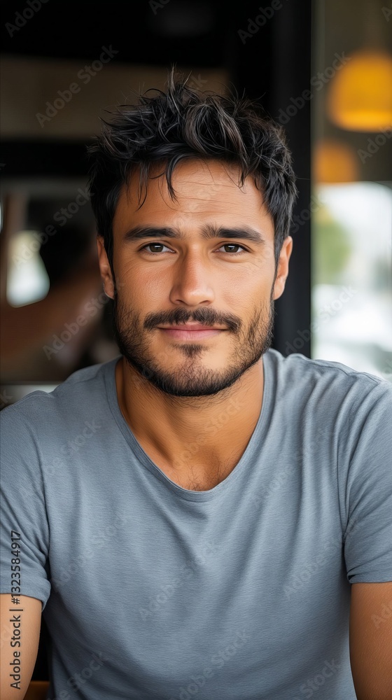 Obraz premium A man with a beard sitting at a table in a restaurant