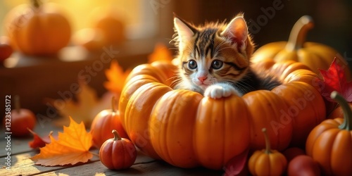 Adorable Kitten Nestled Inside a Festive Autumn Pumpkin with Fall Foliage