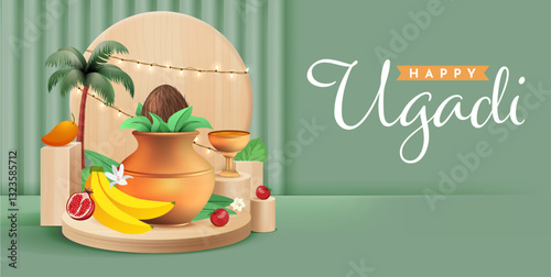 Happy Ugadi. Template greeting card for holiday Ugadi. Gold pot with creative kalash	