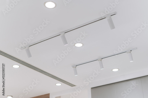 Wallpaper Mural Modern ceiling with recessed lights and track lighting in clean, bright warehouse featuring air conditioner vent for efficient cooling and ventilation Torontodigital.ca