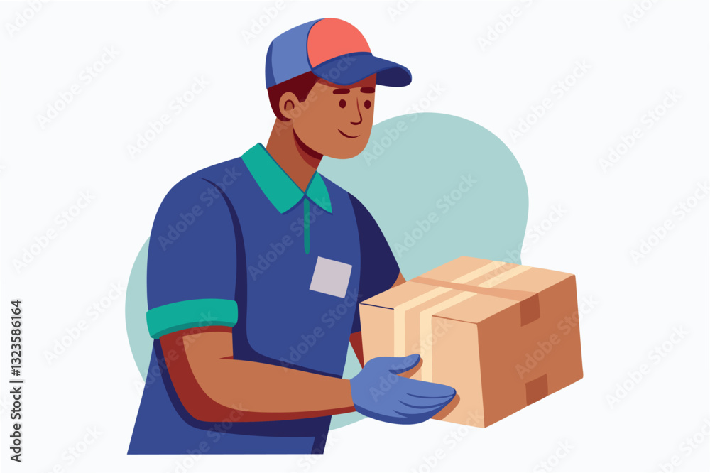 Delivery person holding a package in a cheerful manner while wearing gloves and a baseball cap, showcasing dedication to service and professionalism Delivery person holding a package in a cheerful manner while wearing gloves and a baseball cap, showcasing dedication to service and professionalism