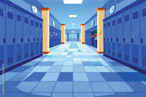 Create a seamless vector pattern depicting a repeating motif of school hallways, including lockers, bulletin boards, and students.