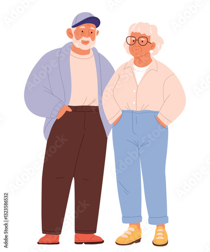 Stylish senior couple.Aged man and woman standing together. Colored flat vector illustration of retired gray-haired grandmother and grandfather