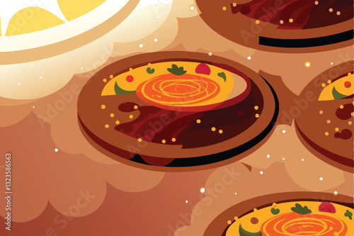 Soft-focus image of elegant plates drizzled with vibrant, colorful sauces, creating a visually appealing food presentation.