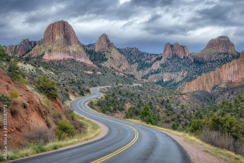 Fototapeta premium Majestic highway winding through dramatic mountains under stormy skies