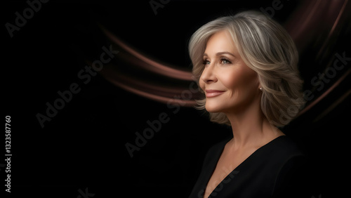Charm in Focused Light: A Woman in Her Mid-Forties at f/2.8, Premium Smooth Skin Contrasts with Matte Black and Subtle Rose-Gold Streaks
