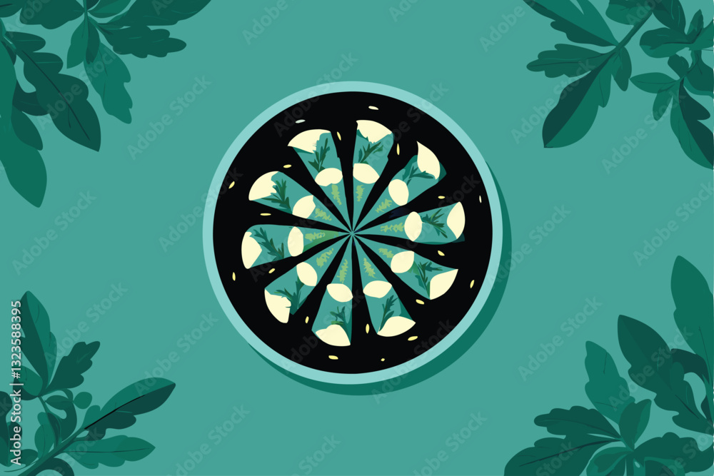 Create a visually stunning image depicting a symmetrical food plating style, emphasizing circular motion and elegant lines.  Showcase artistic food arrangement.