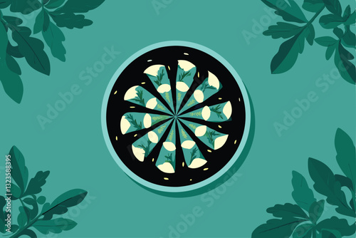 Create a visually stunning image depicting a symmetrical food plating style, emphasizing circular motion and elegant lines.  Showcase artistic food arrangement.