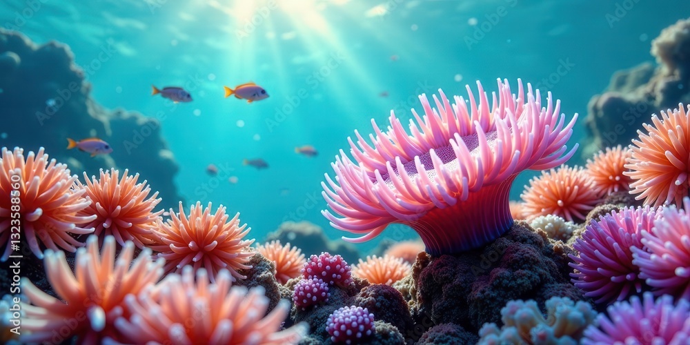 Fototapeta premium Vibrant Underwater Scene Featuring Coral and Small Fish Swimming in Sunlit Ocean Depths