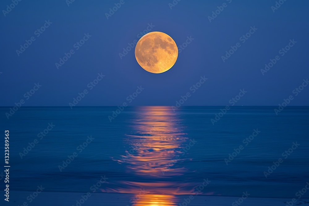 Stunning Orange Moon Over Calm Ocean Waters Stunning Orange Moon Over Calm Ocean Waters