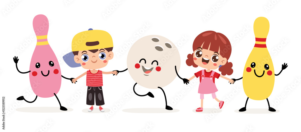 Cartoon Kids With Bowling Ball And Pin