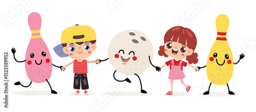 Cartoon Kids With Bowling Ball And Pin