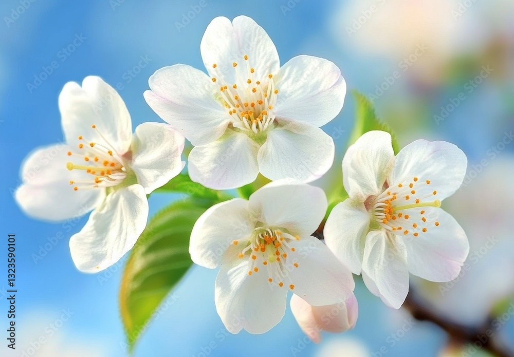 Delicate White Cherry Blossoms Against a Blue Sky Delicate White Cherry Blossoms Against a Blue Sky