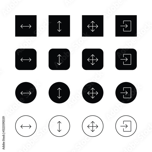 Minimalist icons, directional arrows, user interface elements, black and white design, square buttons, circular buttons, resize symbols, expand arrows, login icon, symmetrical layout, clean lines, sim