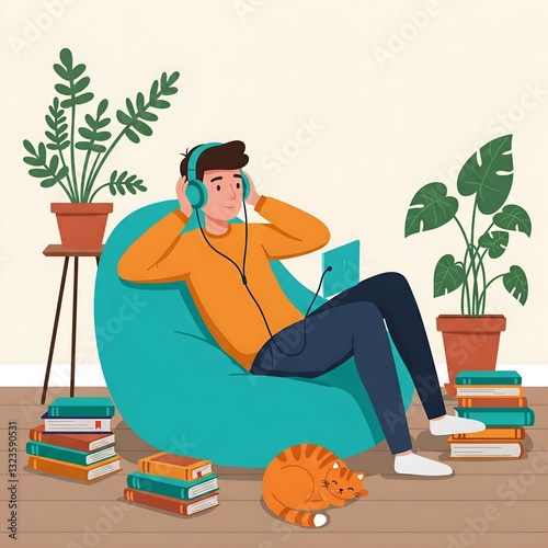 Relaxing Young Man Enjoying Music with a Cat
