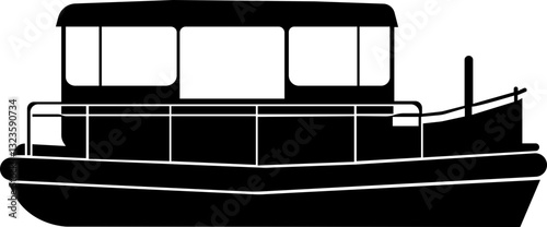 Pontoon boat icon.Passenger transportation canopy marine leisure activity.Water transport ship vessel sea ocean river comfortable cruise recreation.boat Vector Illustrations for Design.