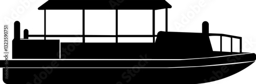 Pontoon boat icon.Passenger transportation canopy marine leisure activity.Water transport ship vessel sea ocean river comfortable cruise recreation.boat Vector Illustrations for Design.