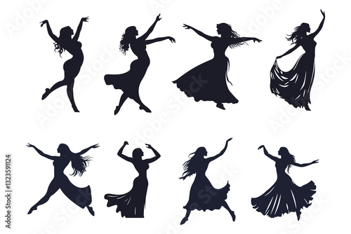 Silhouettes of women in different poses performing belly dance, vector illustration on a white background. women Dancing Silhouette icon.