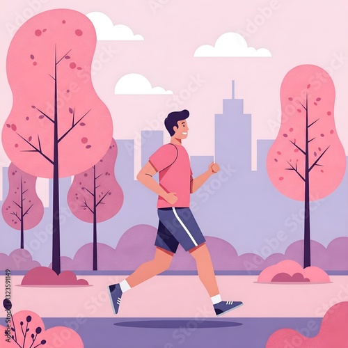 A colorful digital artwork showcasing a man jogging peacefully in a stylized urban park.