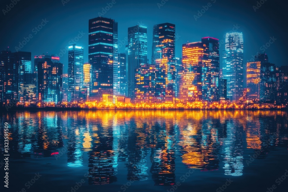 Fototapeta premium Modern skyline at night with vibrant city lights reflecting on water