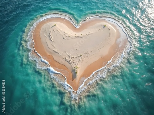 Unique Heart-Shaped Sandbar in the Ocean: A rare aerial view of a heart-shaped sandbar surrounded by clear blue waters, with gentle waves outlining its unique formation.