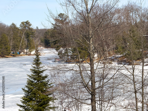 A winter landscape with an ice-covered lake