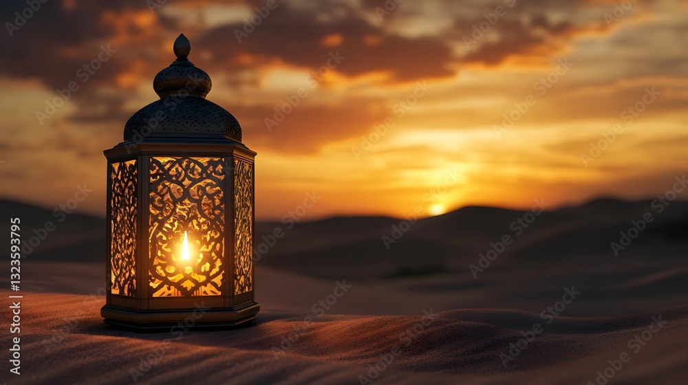 An Islamic lantern lit with warm light on the sand near the river. Oriental lamps on the sand at night during Ramadan, landscape with a bright sunset background. An Islamic lantern lit with warm light on the sand near the river. Oriental lamps on the sand at night during Ramadan, landscape with a bright sunset background.