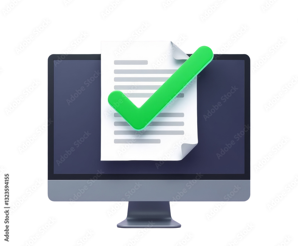 Computer Monitor Displaying Approved Document with a Green Checkmark, transparent background