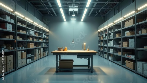 Well-lit industrial storage facility featuring a workbench with various items